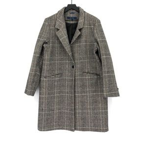 COLE HAAN Single Breast Classic Houndstooth Plaid Coat Grey Black 14